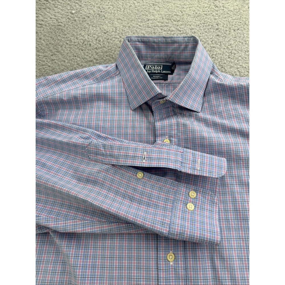 Polo Ralph Lauren Regent Dress Shirt Mens 17 32/33 Classic Fit Blue Red Plaid